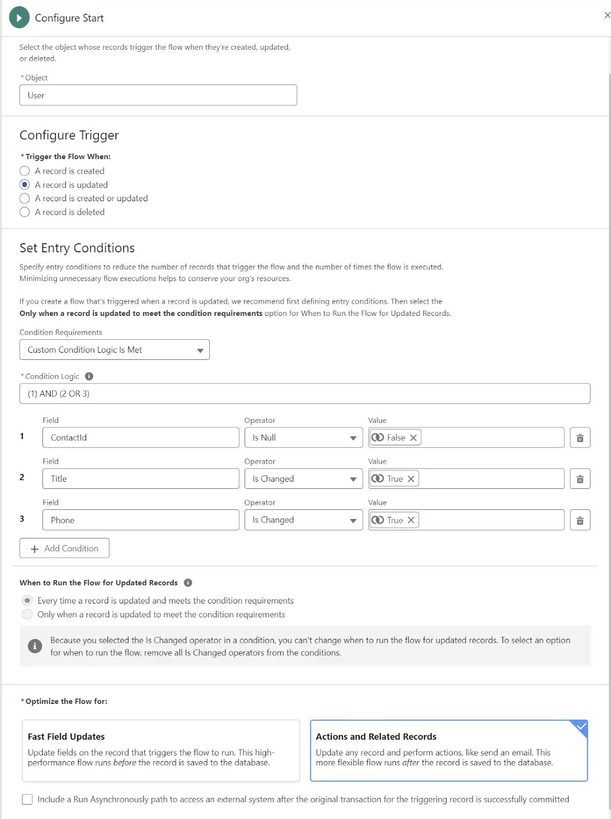 Detailed steps to setting up entry criteria to synchronize contact fields.