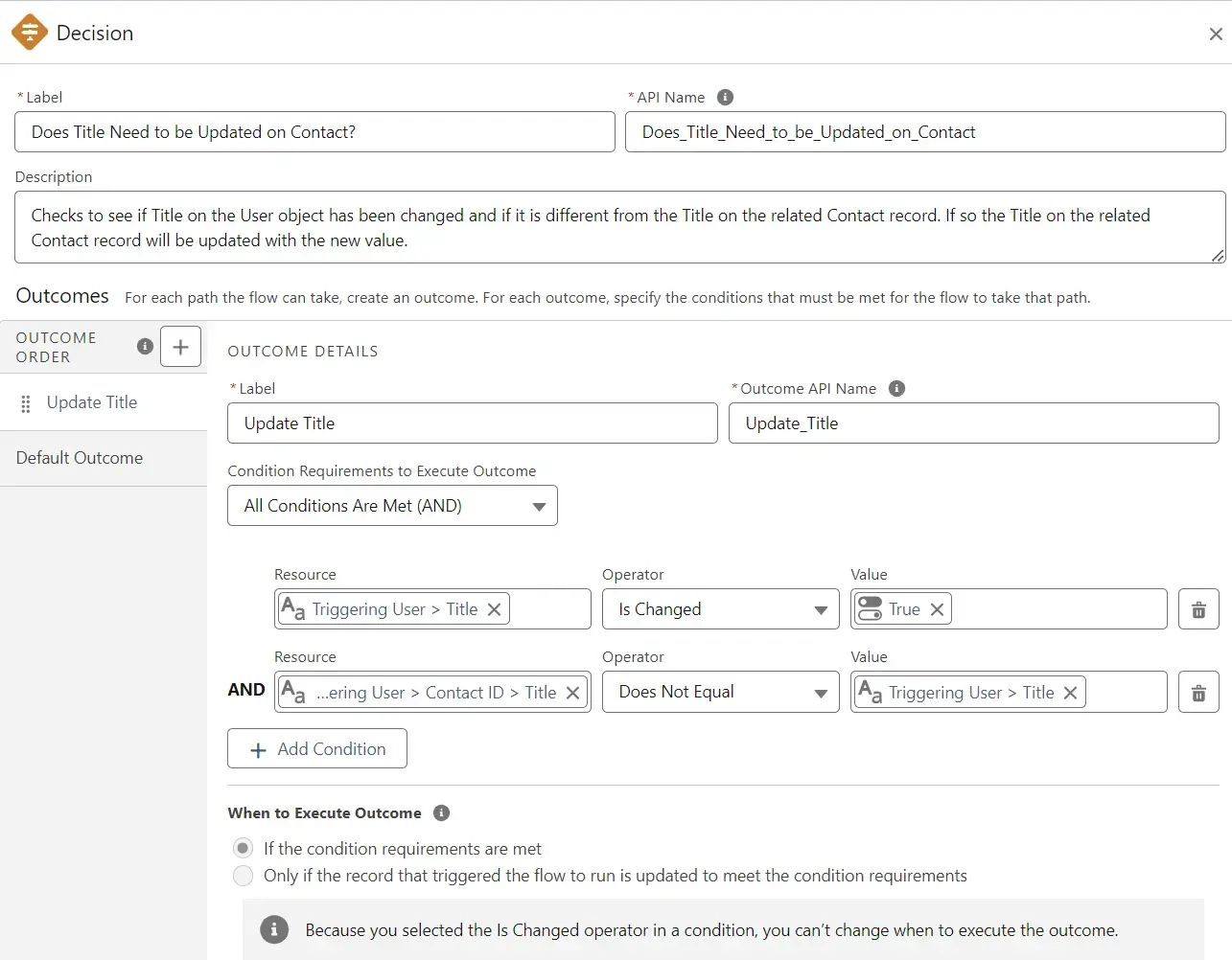 Comparison of updated Title and Phone fields in Decision Element.