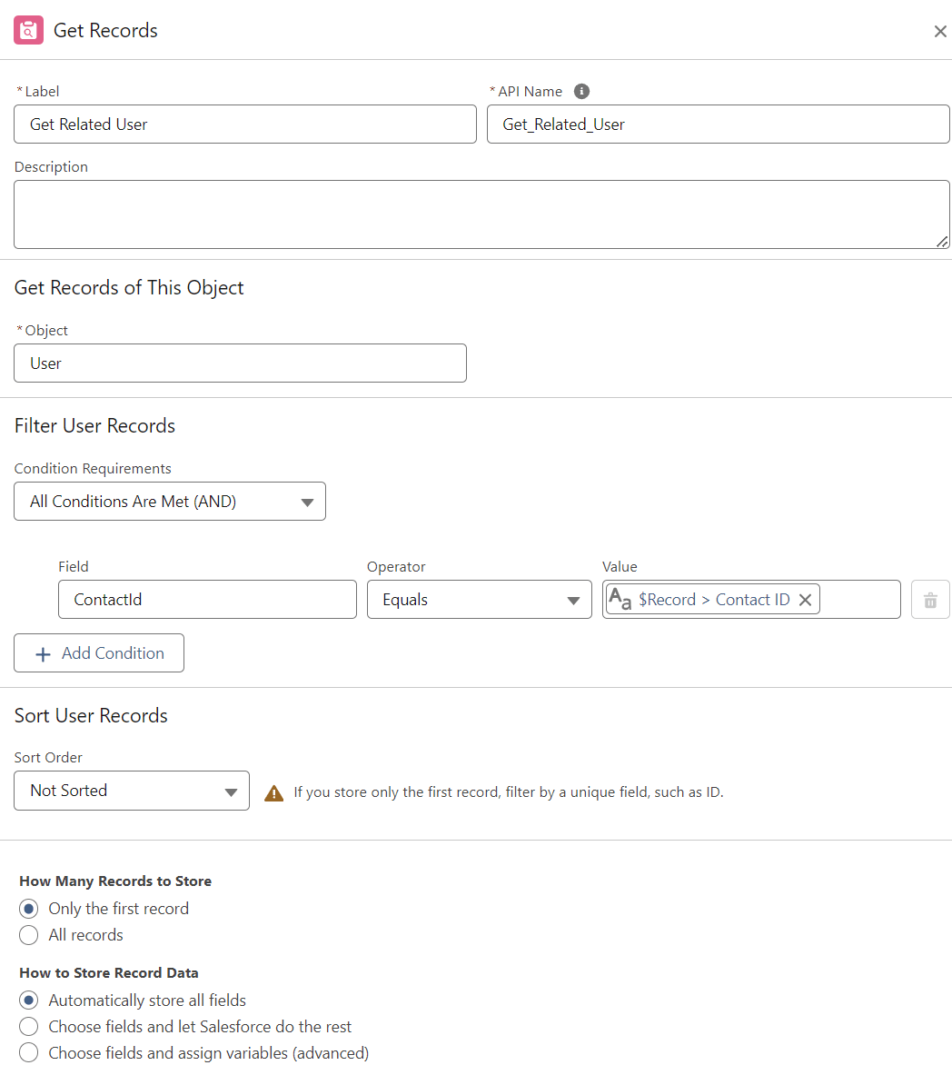 Using the Get Records Element to locate the user record associated with the updated contact.